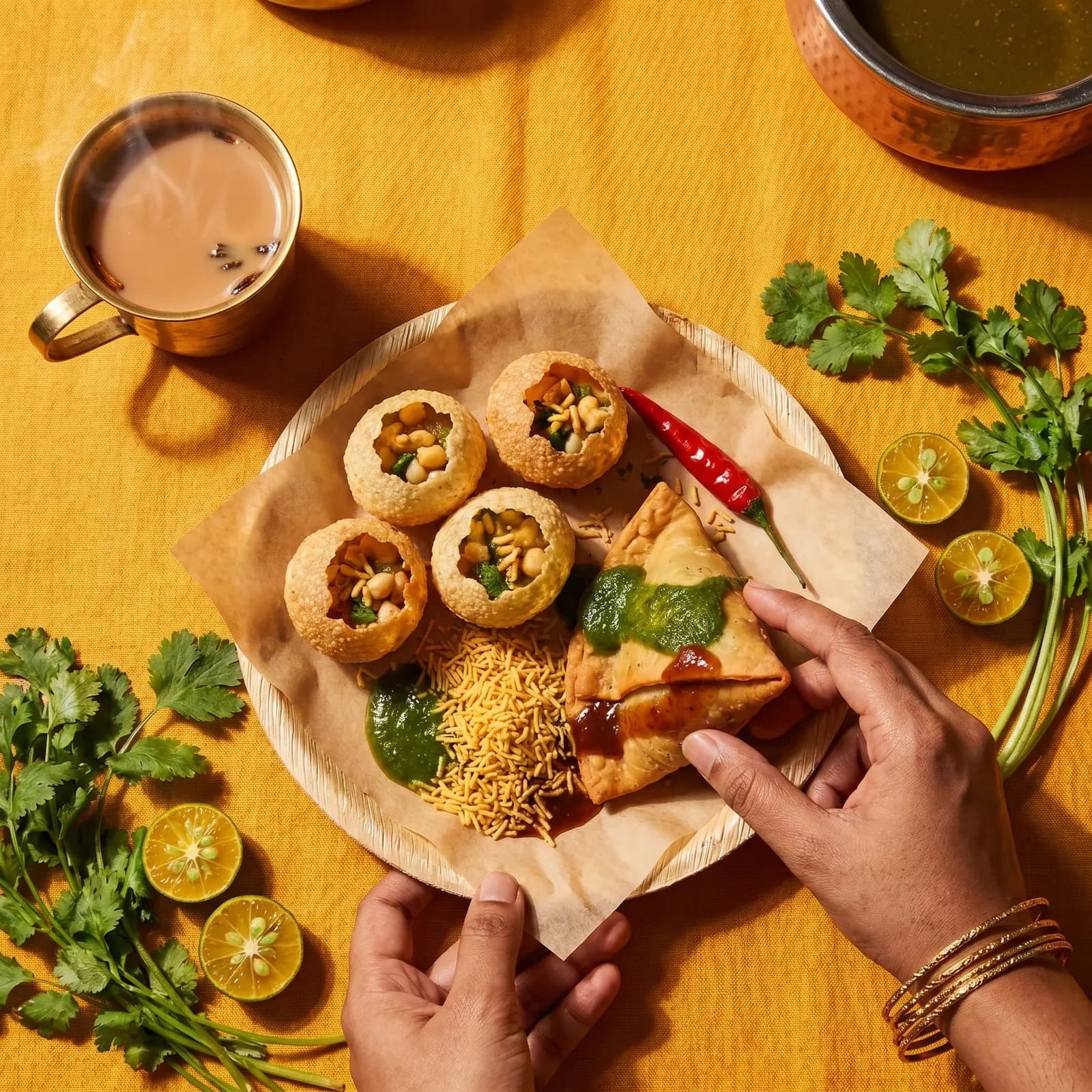 A plate of pani puri, samosa, mint and tamarind chutney — CHAAT BOX hero spread