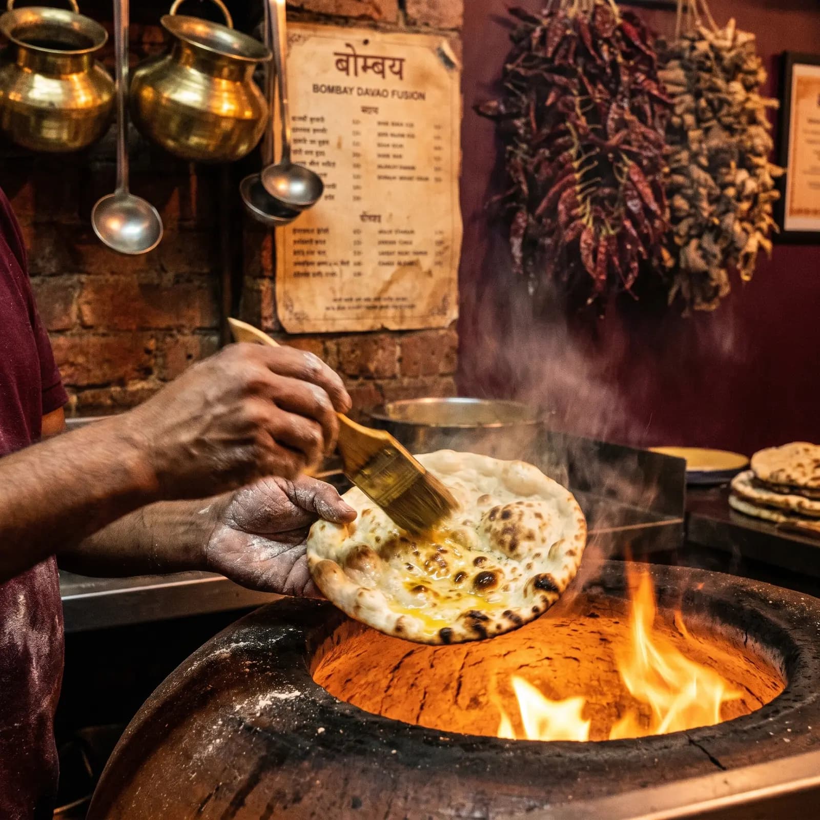 A cook brushing ghee onto naan at the tandoor mouth — CHAAT BOX kitchen